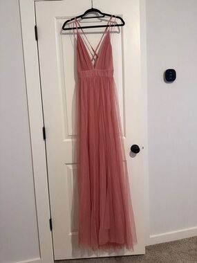 Mauve Pink Tulle Maxi Dress with Crisscross Straps